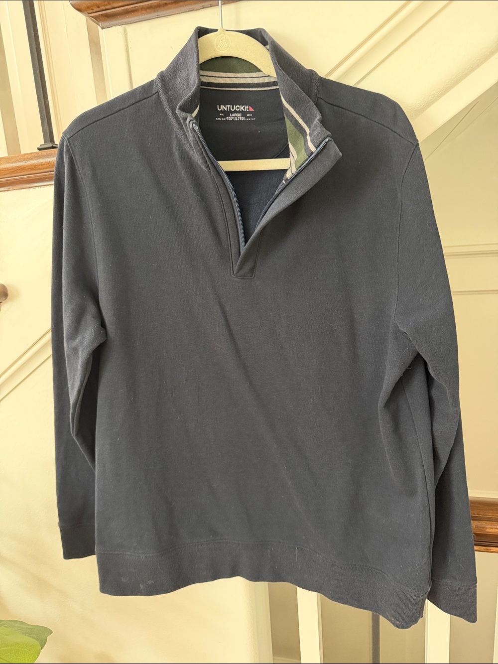 UNTUCKit Men's Dark Navy Quarter-Zip Pullover with Striped Collar